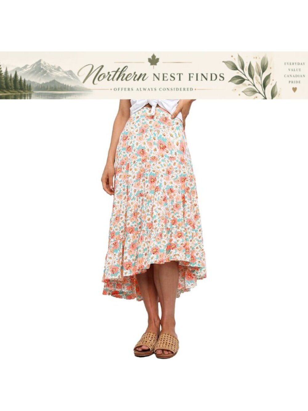 Flowy Boho High Low Hem Midi Skirt A-Line Elastic Waist